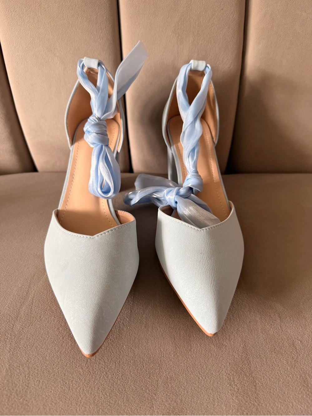 Pointed Tie-Ankle Heels in Pale Blue